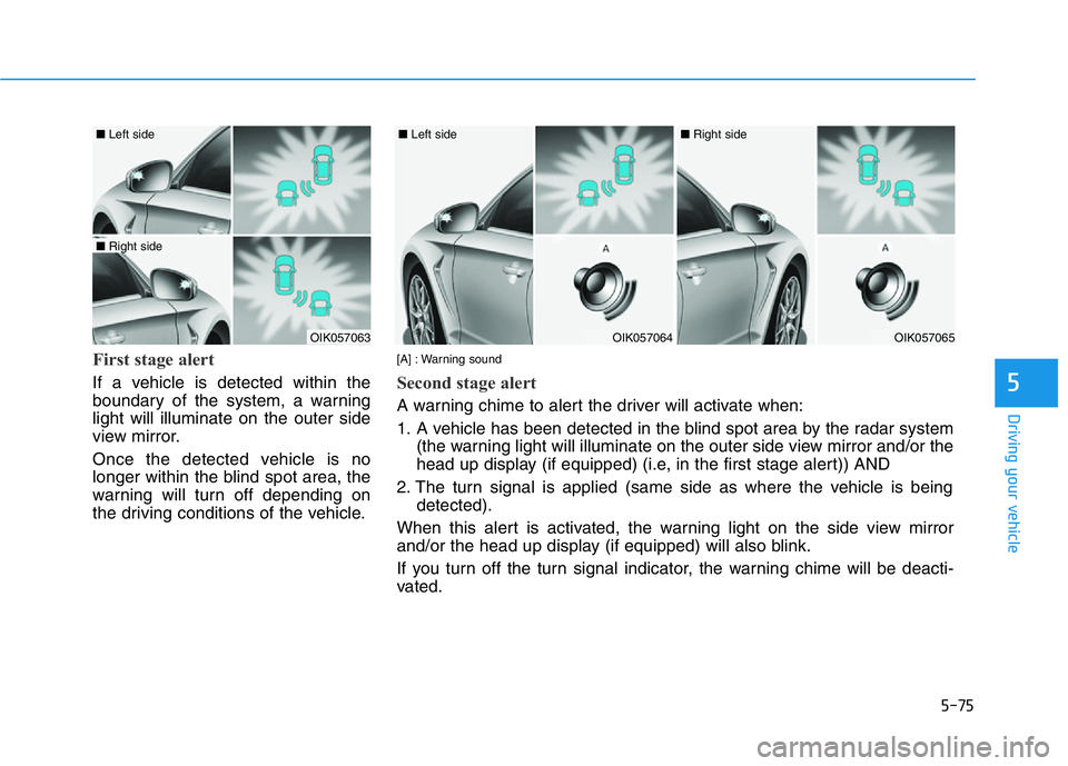 HYUNDAI GENESIS G70 2021 Owners Manual 5-75
Driving your vehicle
5
First stage alert
If a vehicle is detected within the
boundary of the system, a warning
light will illuminate on the outer side
view mirror.
Once the detected vehicle is no HYUNDAI GENESIS G70 2021 Owners Manual 5-75
Driving your vehicle
5
First stage alert
If a vehicle is detected within the
boundary of the system, a warning
light will illuminate on the outer side
view mirror.
Once the detected vehicle is no