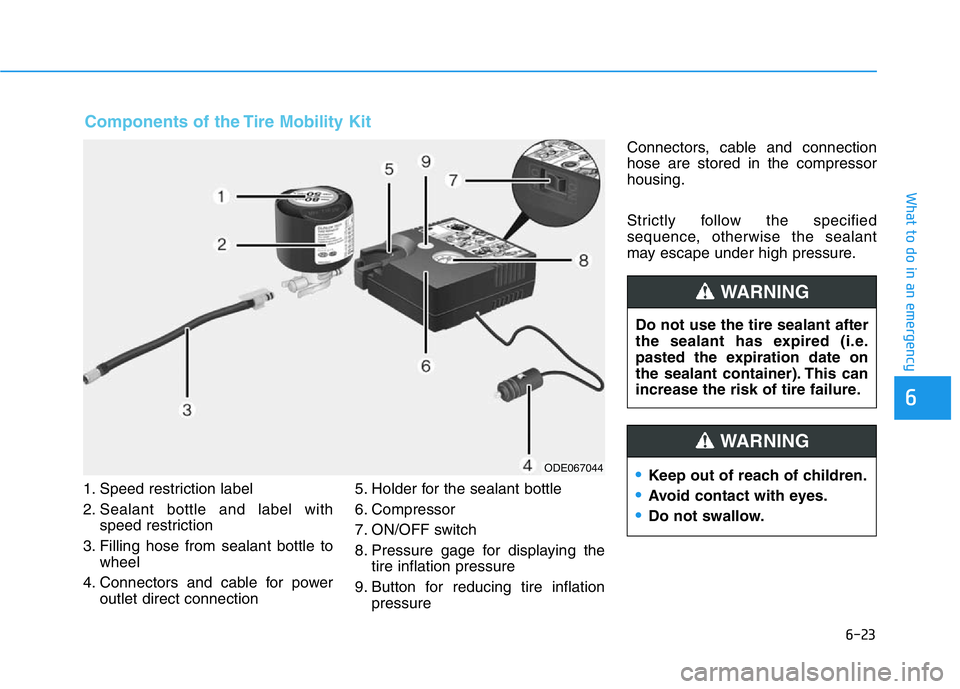 HYUNDAI GENESIS G70 2021 Owners Manual 6-23
What to do in an emergency
1. Speed restriction label
2. Sealant bottle and label with
speed restriction
3. Filling hose from sealant bottle to
wheel
4. Connectors and cable for power
outlet dire HYUNDAI GENESIS G70 2021 Owners Manual 6-23
What to do in an emergency
1. Speed restriction label
2. Sealant bottle and label with
speed restriction
3. Filling hose from sealant bottle to
wheel
4. Connectors and cable for power
outlet dire