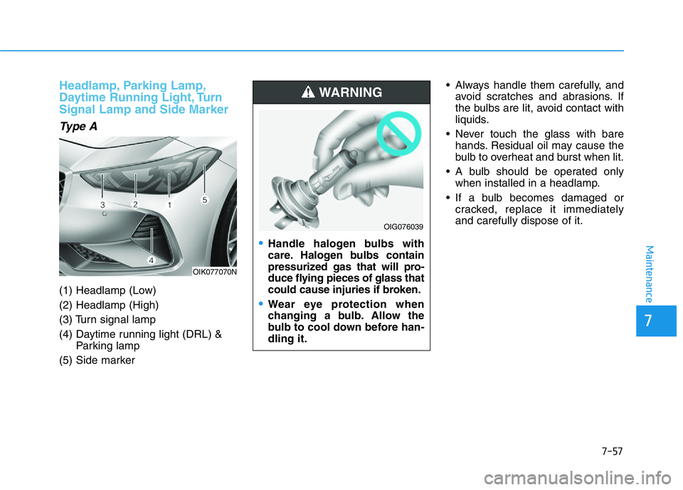 HYUNDAI GENESIS G70 2020  Owners Manual 7-57
7
Maintenance
Headlamp, Parking Lamp,
Daytime Running Light, Turn
Signal Lamp and Side Marker
Type A
(1) Headlamp (Low)
(2) Headlamp (High)
(3) Turn signal lamp
(4) Daytime running light (DRL) &
