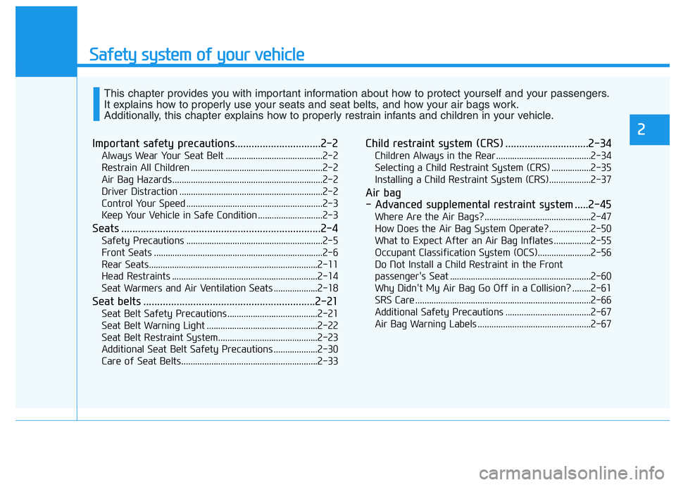 HYUNDAI GENESIS G70 2019  Owners Manual Safety system of your vehicle
Important safety precautions...............................2-2
Always Wear Your Seat Belt ..........................................2-2
Restrain All Children ............