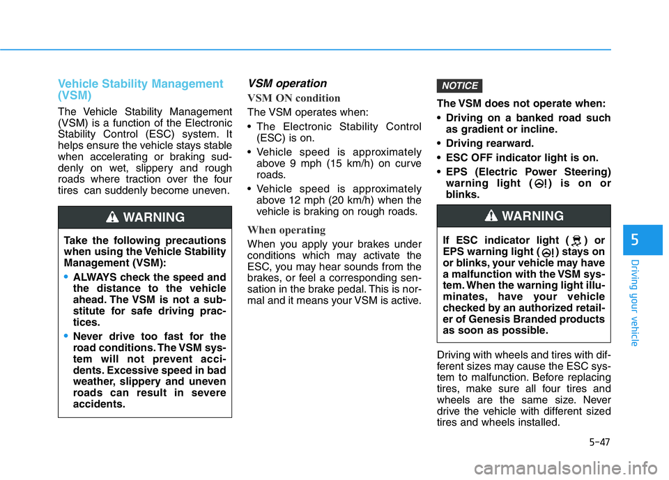 HYUNDAI GENESIS G70 2019  Owners Manual 5-47
Driving your vehicle
5
Vehicle Stability Management
(VSM)
The Vehicle Stability Management
(VSM) is a function of the Electronic
Stability Control (ESC) system. It
helps ensure the vehicle stays 