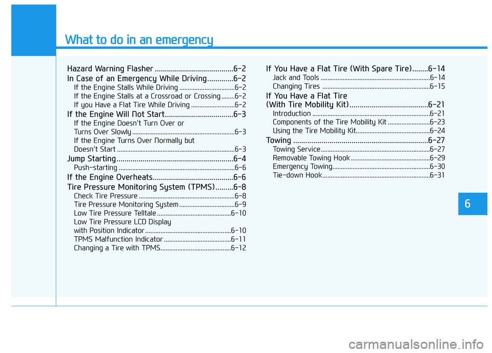 HYUNDAI GENESIS G70 2019  Owners Manual What to do in an emergency
6
Hazard Warning Flasher .......................................6-2
In Case of an Emergency While Driving.............6-2
If the Engine Stalls While Driving ................