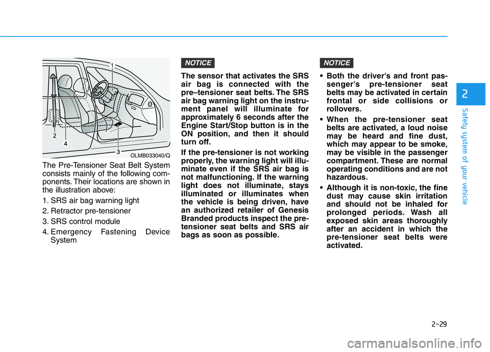 HYUNDAI GENESIS G70 2018 Service Manual 2-29
Safety system of your vehicle
2
The Pre-Tensioner Seat Belt System
consists mainly of the following com-
ponents. Their locations are shown in
the illustration above:
1. SRS air bag warning light