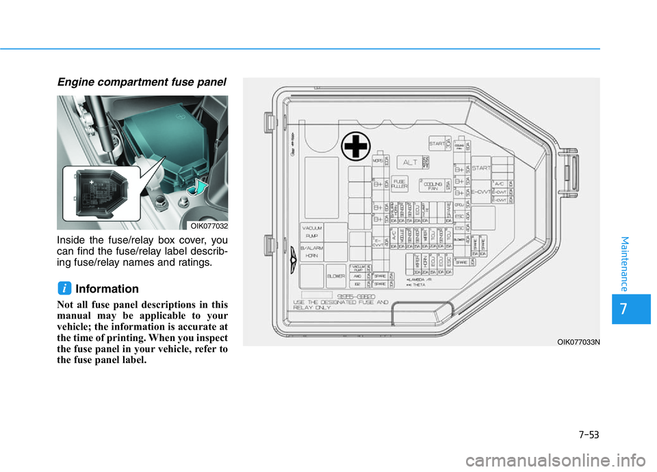 HYUNDAI GENESIS G70 2018 Owners Manual 7-53
7
Maintenance
Engine compartment fuse panel
Inside the fuse/relay box cover, you
can find the fuse/relay label describ-
ing fuse/relay names and ratings.
Information
Not all fuse panel descripti HYUNDAI GENESIS G70 2018 Owners Manual 7-53
7
Maintenance
Engine compartment fuse panel
Inside the fuse/relay box cover, you
can find the fuse/relay label describ-
ing fuse/relay names and ratings.
Information
Not all fuse panel descripti