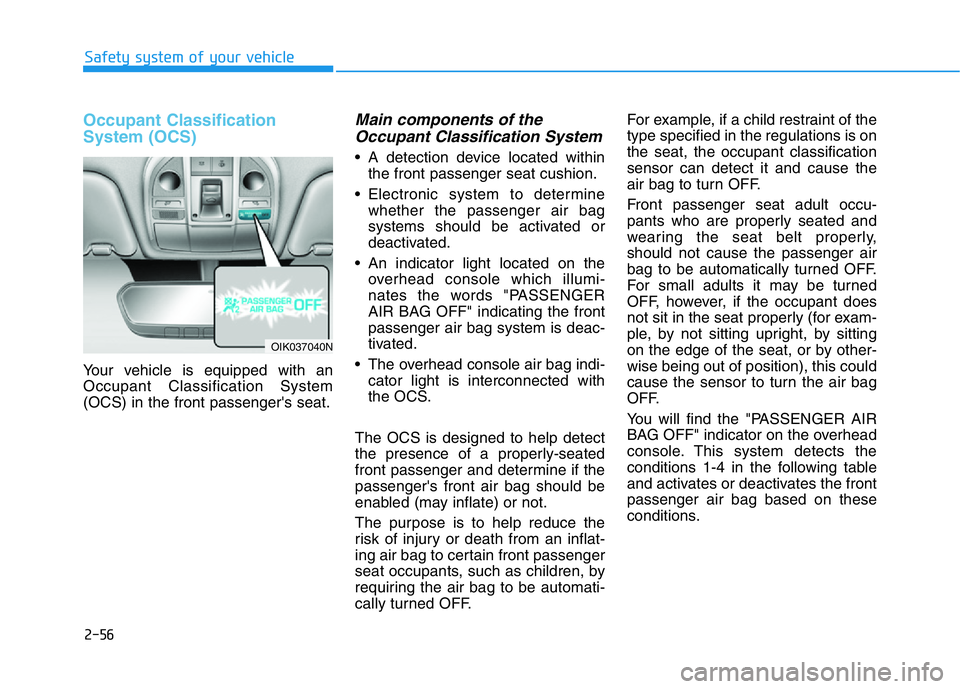 HYUNDAI GENESIS G70 2018  Owners Manual 2-56
Safety system of your vehicle
Occupant Classification
System (OCS)
Your vehicle is equipped with an
Occupant Classification System
(OCS) in the front passenger's seat.
Main components of the
