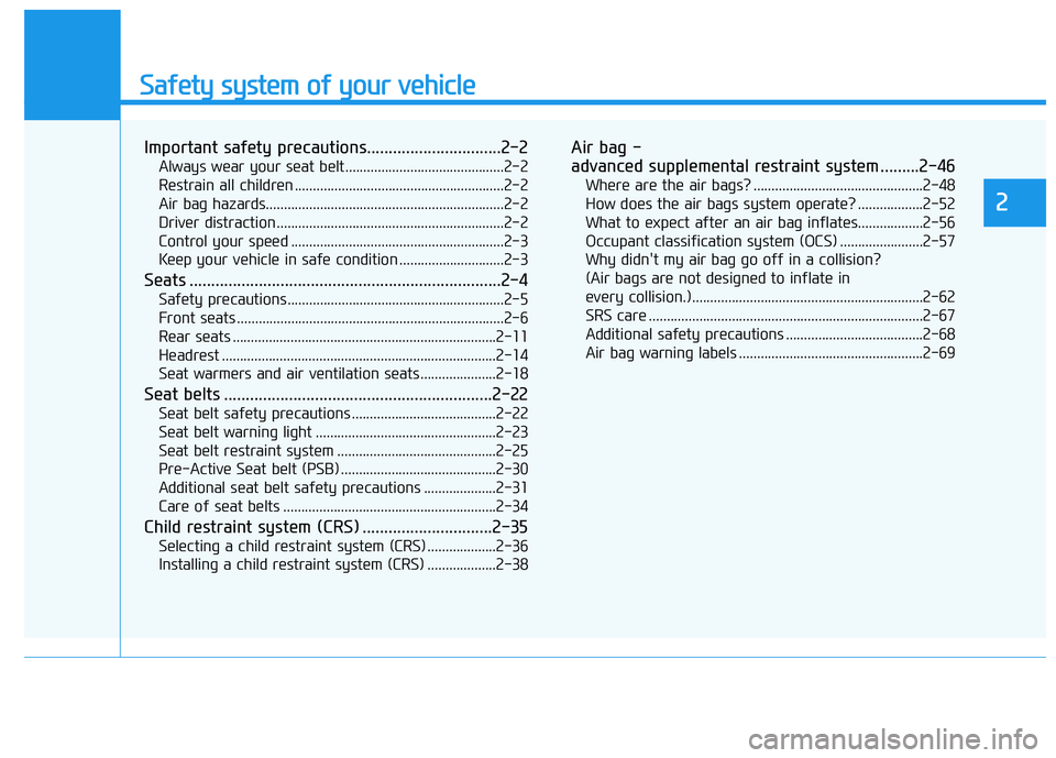 HYUNDAI GENESIS G80 2022 User Guide Safety system of your vehicle
2
Important safety precautions...............................2-2
Always wear your seat belt............................................2-2
Restrain all children .........