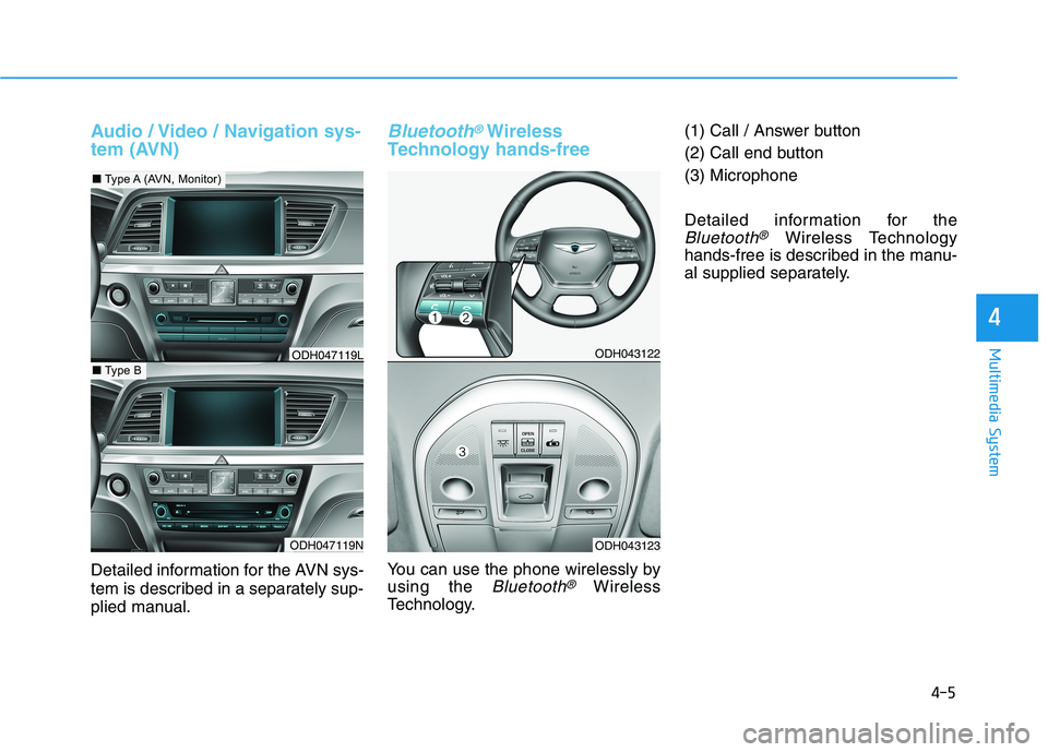 HYUNDAI GENESIS G80 2022 Owners Manual 4-5
Multimedia System
Audio / Video / Navigation sys-
tem (AVN)
Detailed information for the AVN sys-
tem is described in a separately sup-
plied manual.
Bluetooth®Wireless
Technology hands-free
You HYUNDAI GENESIS G80 2022 Owners Manual 4-5
Multimedia System
Audio / Video / Navigation sys-
tem (AVN)
Detailed information for the AVN sys-
tem is described in a separately sup-
plied manual.
Bluetooth®Wireless
Technology hands-free
You