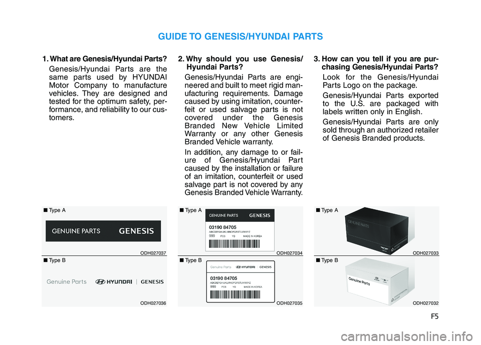 HYUNDAI GENESIS G80 2022 Owners Manual F5
1. What are Genesis/Hyundai Parts?
Genesis/Hyundai Parts are the
same parts used by HYUNDAI
Motor Company to manufacture
vehicles. They are designed and
tested for the optimum safety, per-
formance HYUNDAI GENESIS G80 2022 Owners Manual F5
1. What are Genesis/Hyundai Parts?
Genesis/Hyundai Parts are the
same parts used by HYUNDAI
Motor Company to manufacture
vehicles. They are designed and
tested for the optimum safety, per-
formance