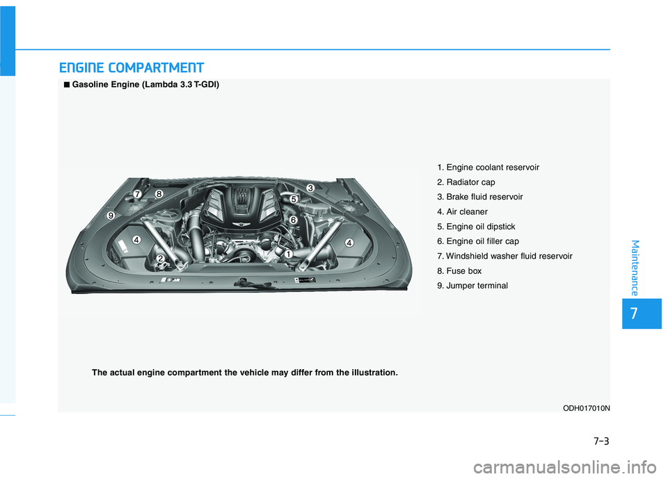 HYUNDAI GENESIS G80 2022  Owners Manual 7-3
7
Maintenance
E EN
NG
GI
IN
NE
E 
 C
CO
OM
MP
PA
AR
RT
TM
ME
EN
NT
T 
 
1. Engine coolant reservoir
2. Radiator cap
3. Brake fluid reservoir
4. Air cleaner
5. Engine oil dipstick
6. Engine oil fil