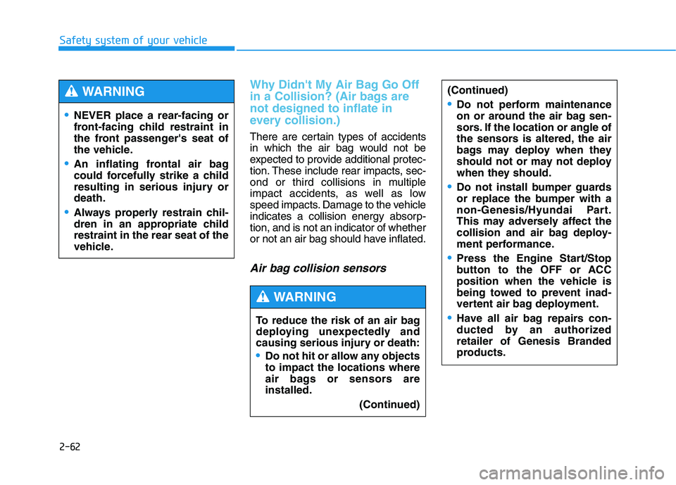 HYUNDAI GENESIS G80 2022  Owners Manual 2-62
Safety system of your vehicle
Why Didnt My Air Bag Go Off
in a Collision? (Air bags are
not designed to inflate in
every collision.)
There are certain types of accidents
in which the air bag wou