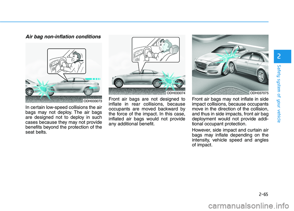 HYUNDAI GENESIS G80 2022 Manual Online 2-65
Safety system of your vehicle
2
Air bag non-inflation conditions
In certain low-speed collisions the air
bags may not deploy. The air bags
are designed not to deploy in such
cases because they m HYUNDAI GENESIS G80 2022 Manual Online 2-65
Safety system of your vehicle
2
Air bag non-inflation conditions
In certain low-speed collisions the air
bags may not deploy. The air bags
are designed not to deploy in such
cases because they m