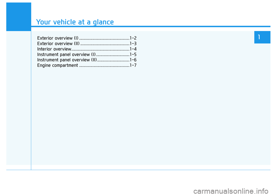 HYUNDAI GENESIS G80 2021 User Guide Your vehicle at a glance
1
Your vehicle at a glance
1Exterior overview (I) .............................................1-2
Exterior overview (II) ............................................1-3
Inter