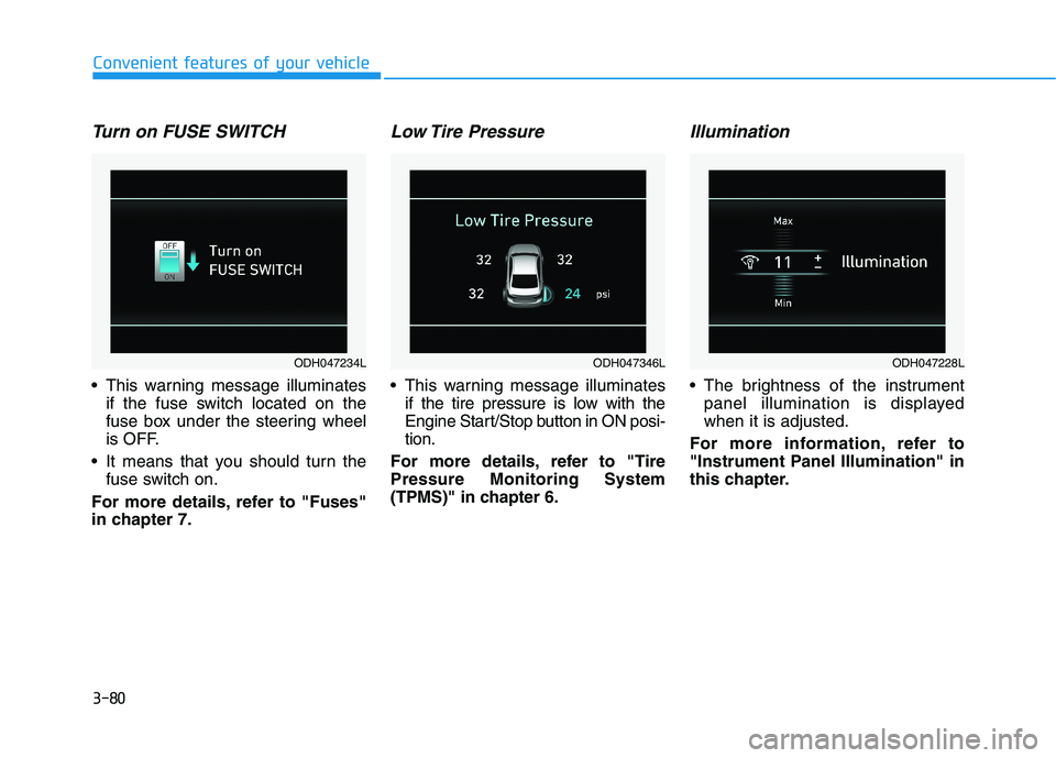 HYUNDAI GENESIS G80 2021  Owners Manual 3-80
Convenient features of your vehicle
Turn on FUSE SWITCH  
 This warning message illuminates
if the fuse switch located on the
fuse box under the steering wheel
is OFF.
 It means that you should t