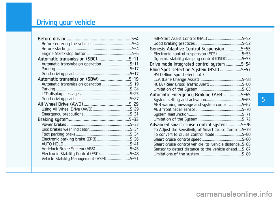 HYUNDAI GENESIS G80 2021  Owners Manual Driving your vehicle
5
Before driving.........................................................5-4
Before entering the vehicle ...........................................5-4
Before starting............