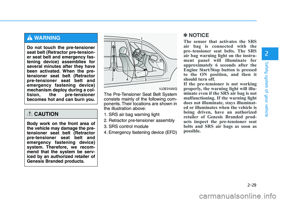 HYUNDAI GENESIS G80 2021 Owners Manual 2-29
Safety system of your vehicle
2
The Pre-Tensioner Seat Belt System
consists mainly of the following com-
ponents. Their locations are shown in
the illustration above:
1. SRS air bag warning light HYUNDAI GENESIS G80 2021 Owners Manual 2-29
Safety system of your vehicle
2
The Pre-Tensioner Seat Belt System
consists mainly of the following com-
ponents. Their locations are shown in
the illustration above:
1. SRS air bag warning light