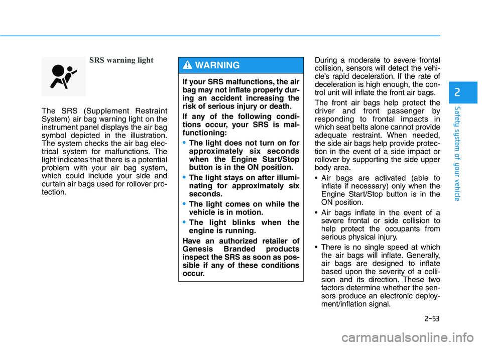 HYUNDAI GENESIS G80 2021  Owners Manual 2-53
Safety system of your vehicle
2
SRS warning light
The SRS (Supplement Restraint
System) air bag warning light on the
instrument panel displays the air bag
symbol depicted in the illustration.
The