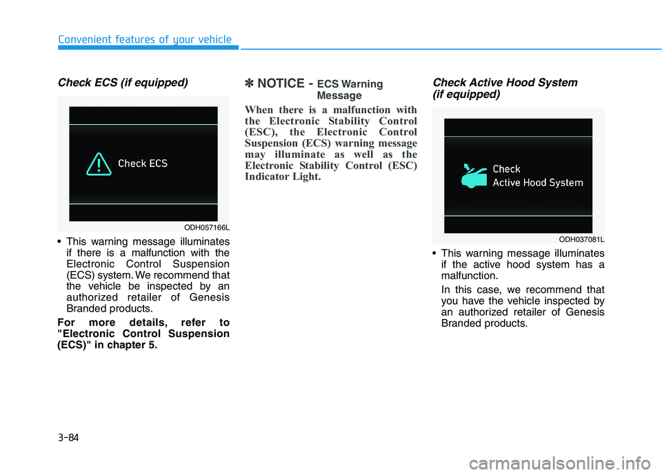 HYUNDAI GENESIS G80 2016 Owners Manual 3-84
Convenient features of your vehicle
Check ECS (if equipped)
This warning message illuminates
if there is a malfunction with the
Electronic Control Suspension
(ECS) system. We recommend that
the HYUNDAI GENESIS G80 2016 Owners Manual 3-84
Convenient features of your vehicle
Check ECS (if equipped)
This warning message illuminates
if there is a malfunction with the
Electronic Control Suspension
(ECS) system. We recommend that
the