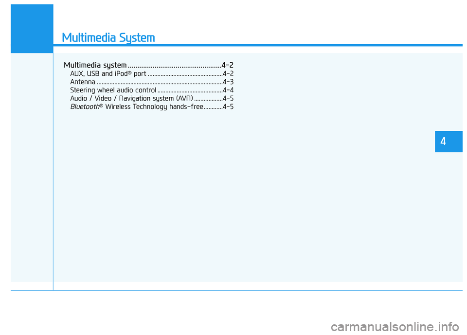 HYUNDAI GENESIS G80 2016 Owners Manual Multimedia System
Multimedia system .................................................4-2
AUX, USB and iPod®port ...............................................4-2
Antenna ............................ HYUNDAI GENESIS G80 2016 Owners Manual Multimedia System
Multimedia system .................................................4-2
AUX, USB and iPod®port ...............................................4-2
Antenna ............................