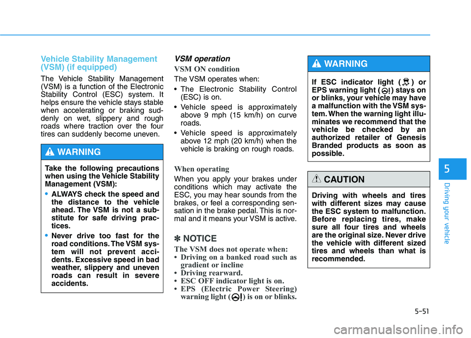 HYUNDAI GENESIS G80 2016  Owners Manual 5-51
Driving your vehicle
Vehicle Stability Management
(VSM) (if equipped)
The Vehicle Stability Management
(VSM) is a function of the Electronic
Stability Control (ESC) system. It
helps ensure the ve