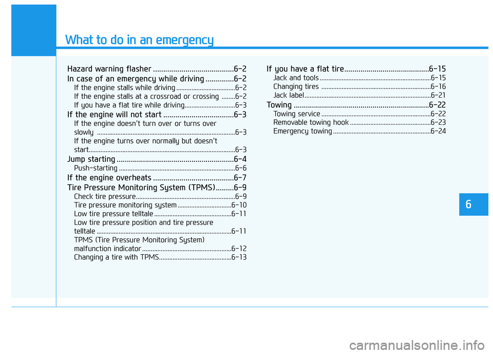 HYUNDAI GENESIS G80 2016  Owners Manual What to do in an emergency
Hazard warning flasher ........................................6-2
In case of an emergency while driving ..............6-2
If the engine stalls while driving ...............