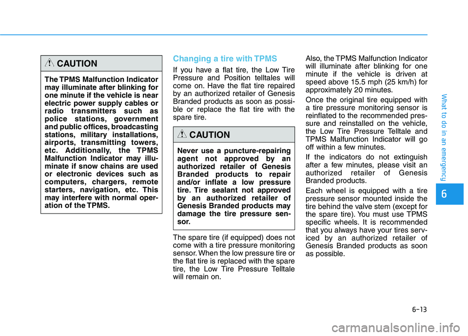 HYUNDAI GENESIS G80 2016 Owners Manual 6-13
What to do in an emergency
6
Changing a tire with TPMS
If you have a flat tire, the Low Tire
Pressure and Position telltales will
come on. Have the flat tire repaired
by an authorized retailer of HYUNDAI GENESIS G80 2016 Owners Manual 6-13
What to do in an emergency
6
Changing a tire with TPMS
If you have a flat tire, the Low Tire
Pressure and Position telltales will
come on. Have the flat tire repaired
by an authorized retailer of