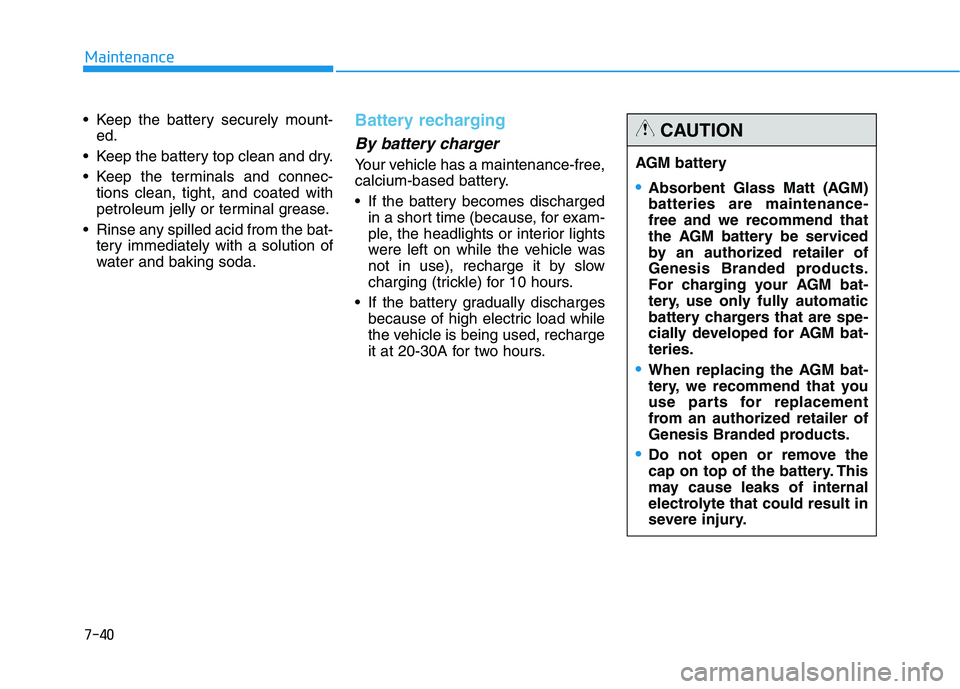 HYUNDAI GENESIS G80 2016  Owners Manual 7-40
Maintenance
 Keep the battery securely mount-
ed.
 Keep the battery top clean and dry.
 Keep the terminals and connec-
tions clean, tight, and coated with
petroleum jelly or terminal grease.
 Rin