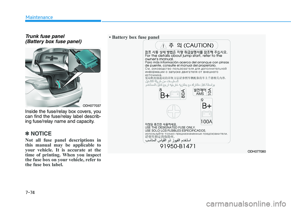HYUNDAI GENESIS G80 2016 Owners Manual 7-74
Maintenance
Trunk fuse panel
(Battery box fuse panel)
Inside the fuse/relay box covers, you
can find the fuse/relay label describ-
ing fuse/relay name and capacity.
✽ ✽
NOTICE
Not all fuse p HYUNDAI GENESIS G80 2016 Owners Manual 7-74
Maintenance
Trunk fuse panel
(Battery box fuse panel)
Inside the fuse/relay box covers, you
can find the fuse/relay label describ-
ing fuse/relay name and capacity.
✽ ✽
NOTICE
Not all fuse p