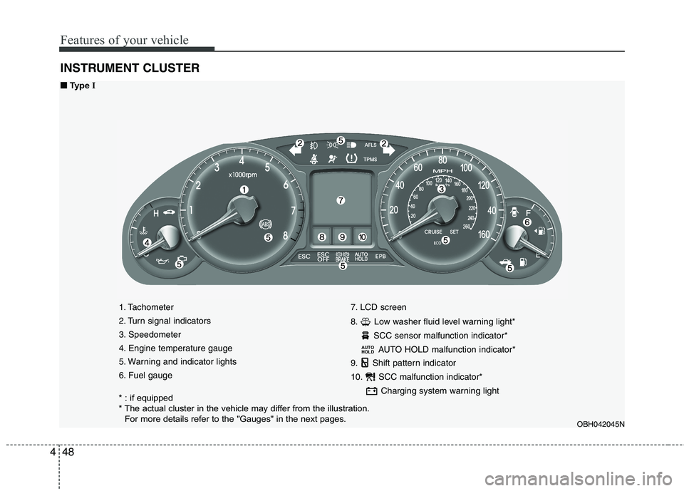 HYUNDAI GENESIS G80 2015  Owners Manual Features of your vehicle
48 4
INSTRUMENT CLUSTER
1. Tachometer 
2. Turn signal indicators
3. Speedometer
4. Engine temperature gauge
5. Warning and indicator lights
6. Fuel gauge7. LCD screen
8. Low w