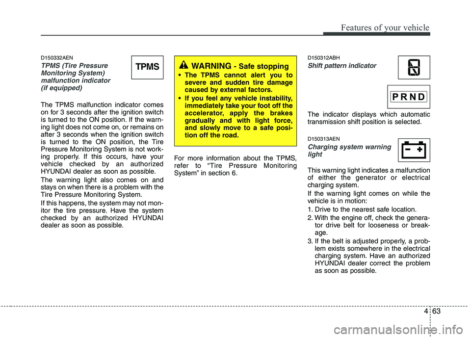 HYUNDAI GENESIS G80 2015  Owners Manual 463
Features of your vehicle
D150332AEN
TPMS (Tire Pressure
Monitoring System) 
malfunction indicator 
(if equipped)
The TPMS malfunction indicator comes
on for 3 seconds after the ignition switch
is 