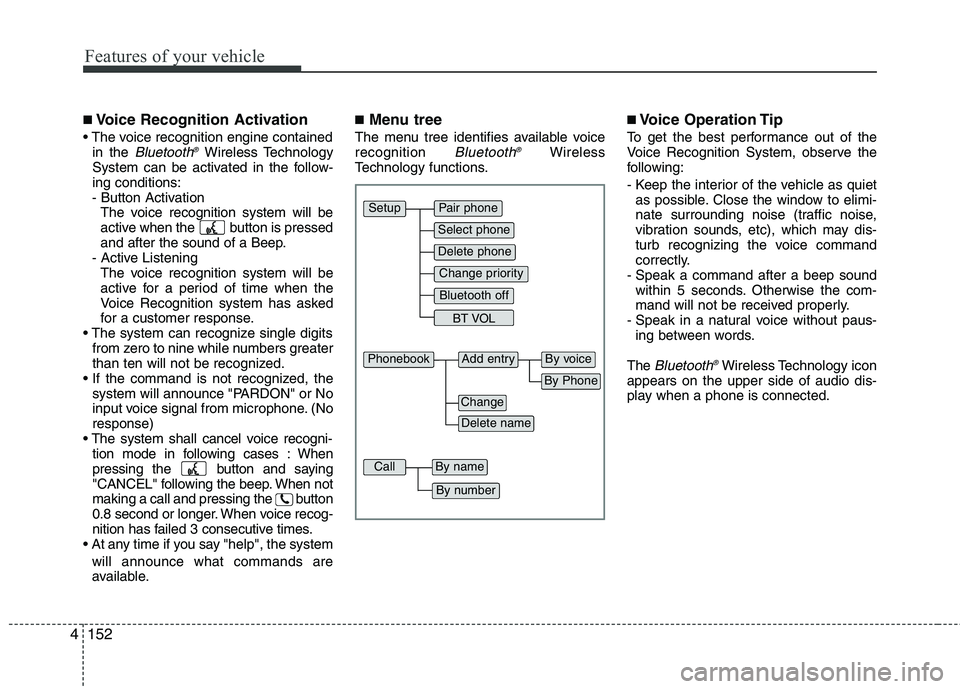 HYUNDAI GENESIS G80 2015 User Guide Features of your vehicle
152 4
■Voice Recognition Activation
in the Bluetooth®Wireless Technology
System can be activated in the follow-
ing conditions:
- Button Activation
The voice recognition s HYUNDAI GENESIS G80 2015 User Guide Features of your vehicle
152 4
■Voice Recognition Activation
in the Bluetooth®Wireless Technology
System can be activated in the follow-
ing conditions:
- Button Activation
The voice recognition s