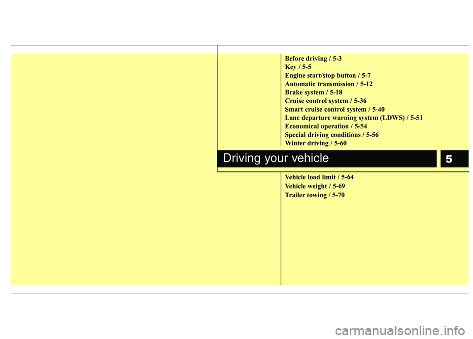 HYUNDAI GENESIS G80 2015  Owners Manual 5
Before driving / 5-3
Key / 5-5
Engine start/stop button / 5-7
Automatic transmission / 5-12
Brake system / 5-18
Cruise control system / 5-36
Smart cruise control system / 5-40
Lane departure warning