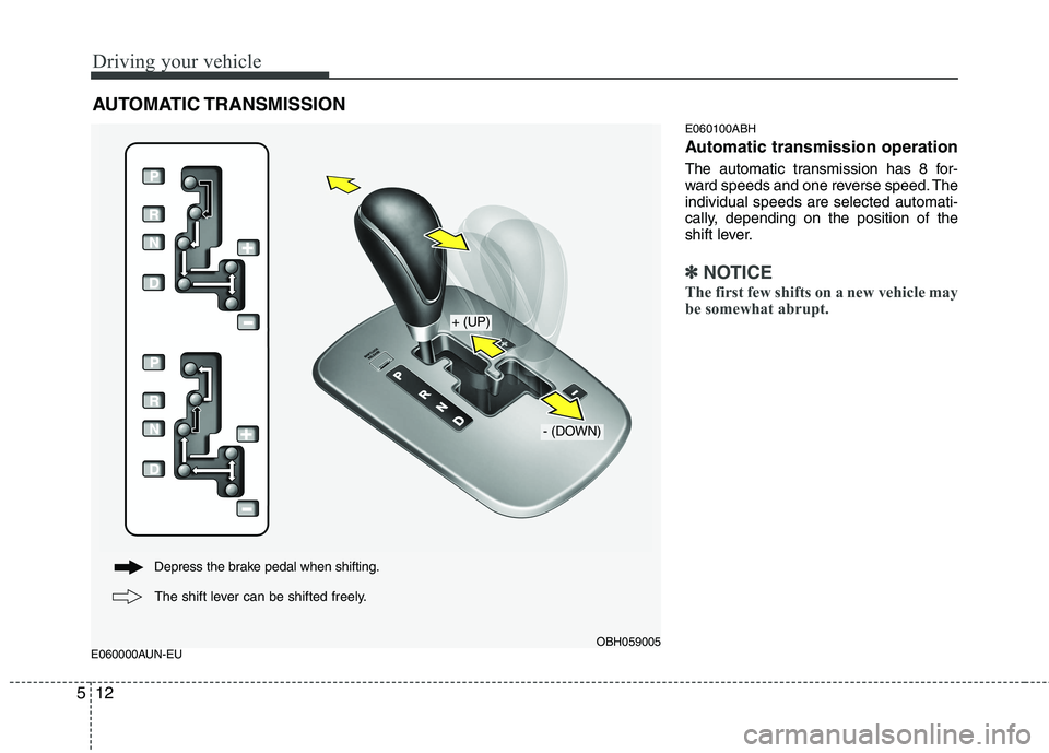 HYUNDAI GENESIS G80 2015  Owners Manual Driving your vehicle
12 5
E060000AUN-EUE060100ABH
Automatic transmission operation
The automatic transmission has 8 for-
ward speeds and one reverse speed. The
individual speeds are selected automati-