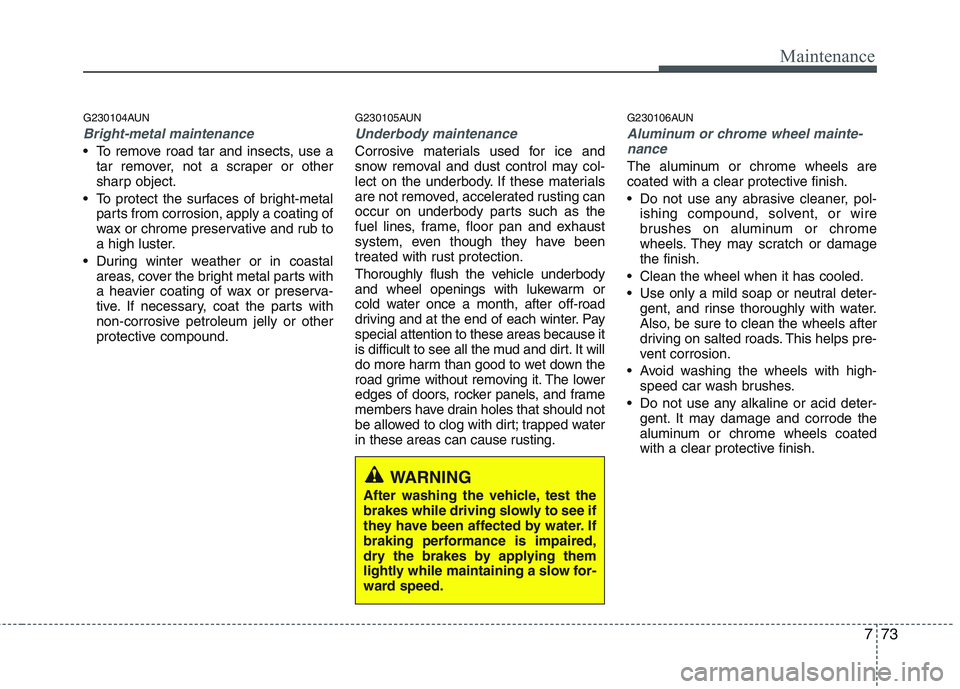 HYUNDAI GENESIS G80 2015  Owners Manual 773
Maintenance
G230104AUN
Bright-metal maintenance
 To remove road tar and insects, use a
tar remover, not a scraper or other
sharp object.
 To protect the surfaces of bright-metal
parts from corrosi HYUNDAI GENESIS G80 2015  Owners Manual 773
Maintenance
G230104AUN
Bright-metal maintenance
 To remove road tar and insects, use a
tar remover, not a scraper or other
sharp object.
 To protect the surfaces of bright-metal
parts from corrosi