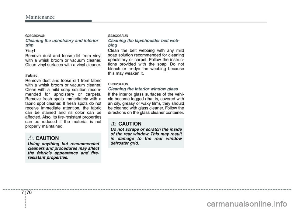 HYUNDAI GENESIS G80 2015  Owners Manual Maintenance
76 7
G230202AUN
Cleaning the upholstery and interior
trim 
Vinyl 
Remove dust and loose dirt from vinyl
with a whisk broom or vacuum cleaner.
Clean vinyl surfaces with a vinyl cleaner.
Fab HYUNDAI GENESIS G80 2015  Owners Manual Maintenance
76 7
G230202AUN
Cleaning the upholstery and interior
trim 
Vinyl 
Remove dust and loose dirt from vinyl
with a whisk broom or vacuum cleaner.
Clean vinyl surfaces with a vinyl cleaner.
Fab