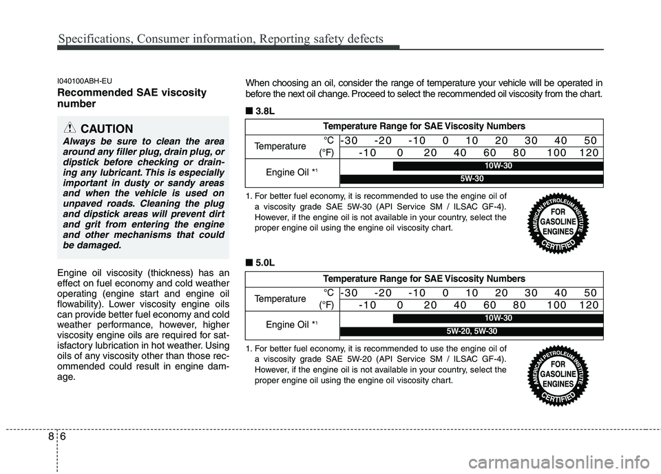 HYUNDAI GENESIS G80 2015  Owners Manual Specifications, Consumer information, Reporting safety defects
6 8
I040100ABH-EU
Recommended SAE viscosity
number   
Engine oil viscosity (thickness) has an
effect on fuel economy and cold weather
ope HYUNDAI GENESIS G80 2015  Owners Manual Specifications, Consumer information, Reporting safety defects
6 8
I040100ABH-EU
Recommended SAE viscosity
number   
Engine oil viscosity (thickness) has an
effect on fuel economy and cold weather
ope