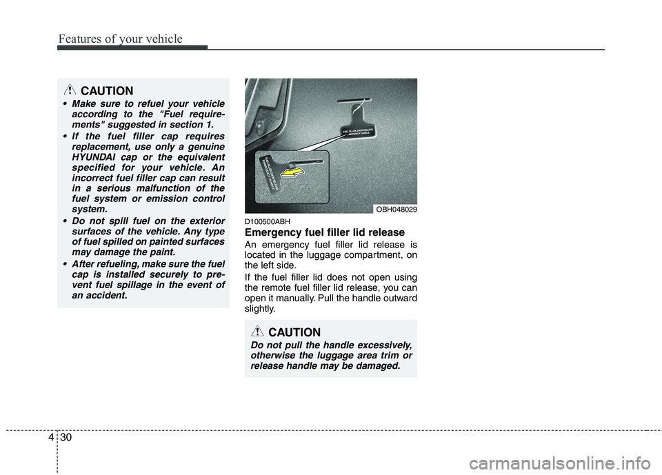 HYUNDAI GENESIS G80 2014  Owners Manual Features of your vehicle
30 4
D100500ABH
Emergency fuel filler lid release
An emergency fuel filler lid release is
located in the luggage compartment, on
the left side.
If the fuel filler lid does not