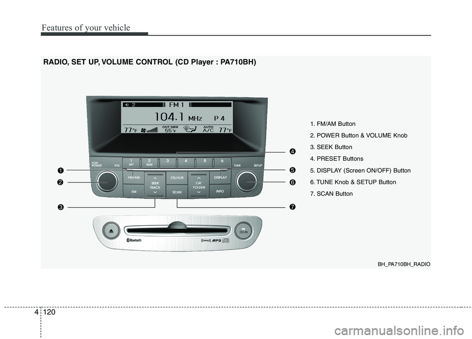 HYUNDAI GENESIS G80 2014 Owners Manual Features of your vehicle
120 4
BH_PA710BH_RADIO
1. FM/AM Button
2. POWER Button & VOLUME Knob
3. SEEK Button
4. PRESET Buttons
5. DISPLAY (Screen ON/OFF) Button
6. TUNE Knob & SETUP Button
7. SCAN But HYUNDAI GENESIS G80 2014 Owners Manual Features of your vehicle
120 4
BH_PA710BH_RADIO
1. FM/AM Button
2. POWER Button & VOLUME Knob
3. SEEK Button
4. PRESET Buttons
5. DISPLAY (Screen ON/OFF) Button
6. TUNE Knob & SETUP Button
7. SCAN But
