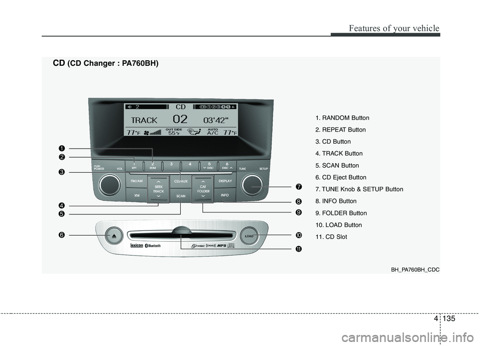 HYUNDAI GENESIS G80 2014 Owners Manual 4135
Features of your vehicle
1. RANDOM Button
2. REPEAT Button
3. CD Button
4. TRACK Button
5. SCAN Button
6. CD Eject Button
7. TUNE Knob & SETUP Button
8. INFO Button
9. FOLDER Button
10. LOAD Butt HYUNDAI GENESIS G80 2014 Owners Manual 4135
Features of your vehicle
1. RANDOM Button
2. REPEAT Button
3. CD Button
4. TRACK Button
5. SCAN Button
6. CD Eject Button
7. TUNE Knob & SETUP Button
8. INFO Button
9. FOLDER Button
10. LOAD Butt
