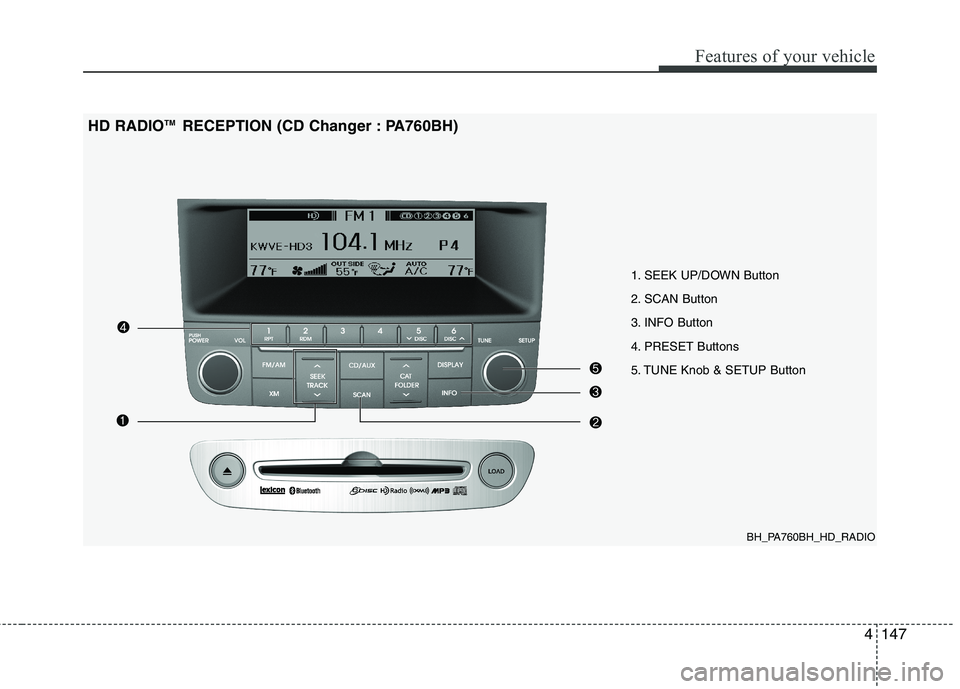 HYUNDAI GENESIS G80 2014 Owners Manual 4147
Features of your vehicle
BH_PA760BH_HD_RADIO
1. SEEK UP/DOWN Button
2. SCAN Button
3. INFO Button
4. PRESET Buttons
5. TUNE Knob & SETUP Button
HD RADIOTM RECEPTION (CD Changer : PA760BH) HYUNDAI GENESIS G80 2014 Owners Manual 4147
Features of your vehicle
BH_PA760BH_HD_RADIO
1. SEEK UP/DOWN Button
2. SCAN Button
3. INFO Button
4. PRESET Buttons
5. TUNE Knob & SETUP Button
HD RADIOTM RECEPTION (CD Changer : PA760BH)