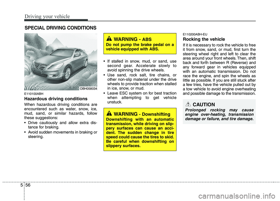 HYUNDAI GENESIS G80 2014  Owners Manual Driving your vehicle
56 5
E110100ABH
Hazardous driving conditions  
When hazardous driving conditions are
encountered such as water, snow, ice,
mud, sand, or similar hazards, follow
these suggestions: