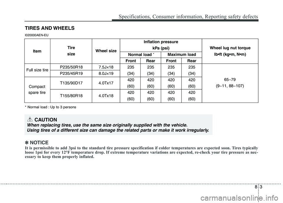 HYUNDAI GENESIS G80 2014  Owners Manual 83
Specifications, Consumer information, Reporting safety defects
TIRES AND WHEELS
I020000AEN-EU
* Normal load : Up to 3 persons
✽ ✽
NOTICE
It is permissible to add 3psi to the standard tire press