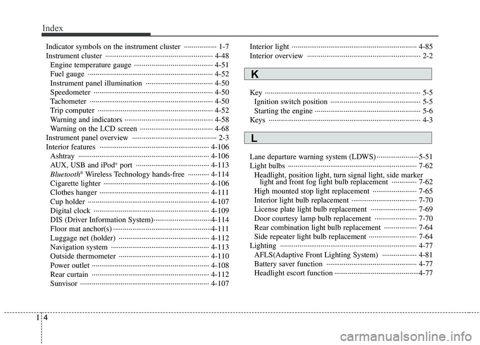 HYUNDAI GENESIS G80 2013  Owners Manual Index
4I
Indicator symbols on the instrument cluster  ················· 1-7
Instrument cluster  ···········································