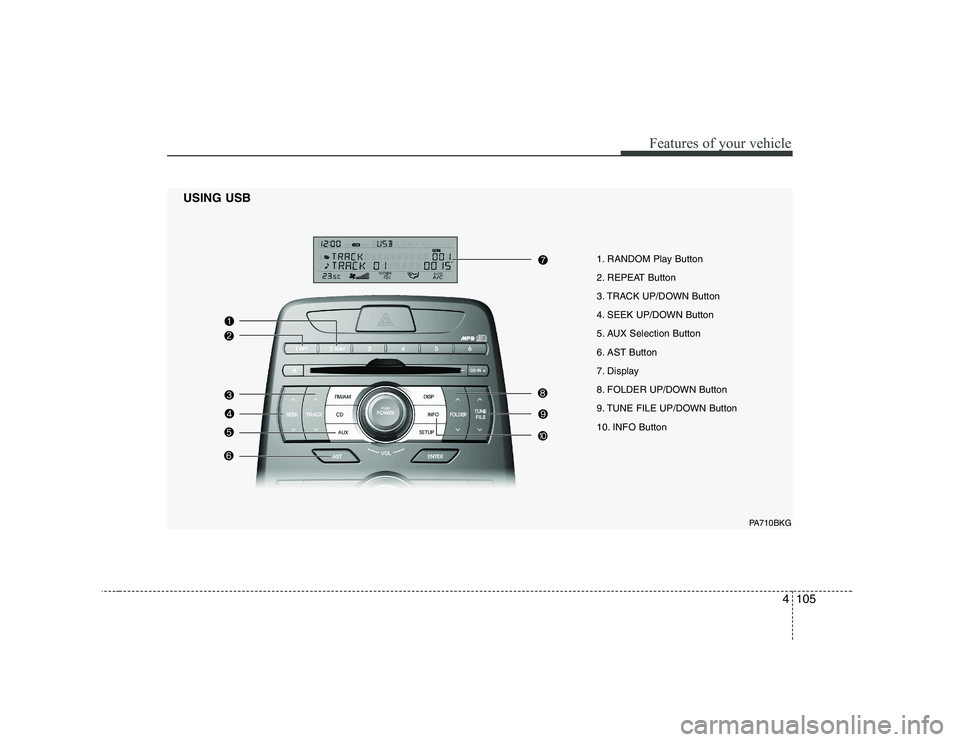 HYUNDAI GENESIS G80 2012 Owners Manual 4105
Features of your vehicle
1. RANDOM Play Button
2. REPEAT Button
3. TRACK UP/DOWN Button
4. SEEK UP/DOWN Button
5. AUX Selection Button
6. AST Button
7. Display
8. FOLDER UP/DOWN Button
9. TUNE HYUNDAI GENESIS G80 2012 Owners Manual 4105
Features of your vehicle
1. RANDOM Play Button
2. REPEAT Button
3. TRACK UP/DOWN Button
4. SEEK UP/DOWN Button
5. AUX Selection Button
6. AST Button
7. Display
8. FOLDER UP/DOWN Button
9. TUNE