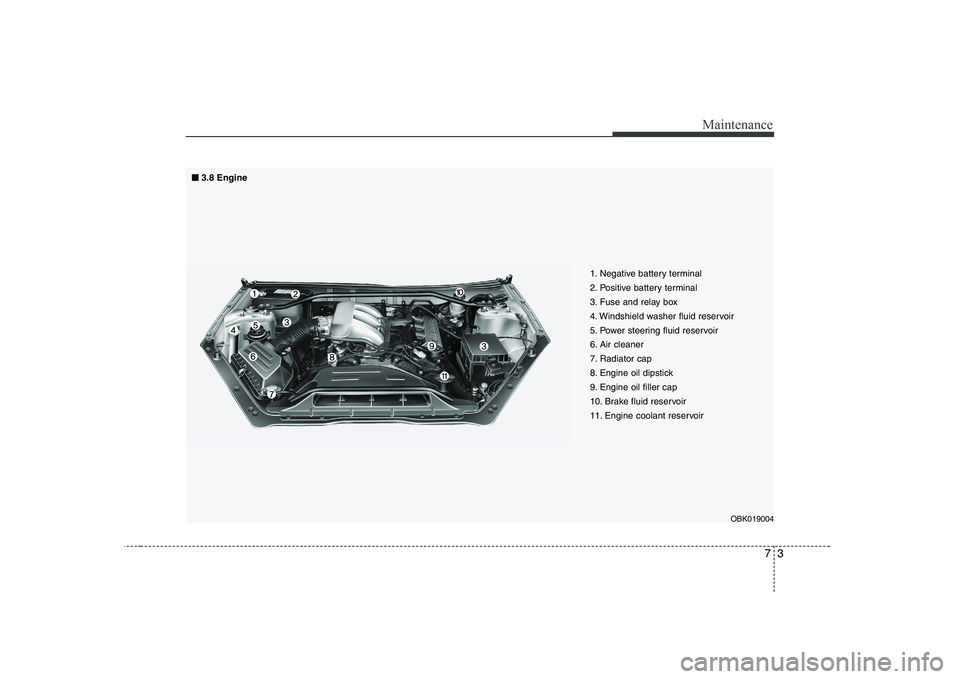 HYUNDAI GENESIS G80 2010 Owners Manual 73
Maintenance
1. Negative battery terminal
2. Positive battery terminal
3. Fuse and relay box
4. Windshield washer fluid reservoir
5. Power steering fluid reservoir
6. Air cleaner
7. Radiator cap
8. HYUNDAI GENESIS G80 2010 Owners Manual 73
Maintenance
1. Negative battery terminal
2. Positive battery terminal
3. Fuse and relay box
4. Windshield washer fluid reservoir
5. Power steering fluid reservoir
6. Air cleaner
7. Radiator cap
8.