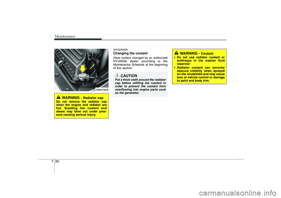 HYUNDAI GENESIS G80 2010  Owners Manual Maintenance
20
7
G070200AEN Changing the coolant 
Have coolant changed by an authorized 
HYUNDAI dealer according to theMaintenance Schedule at the beginningof this section.
WARNING -  Radiator cap
Do