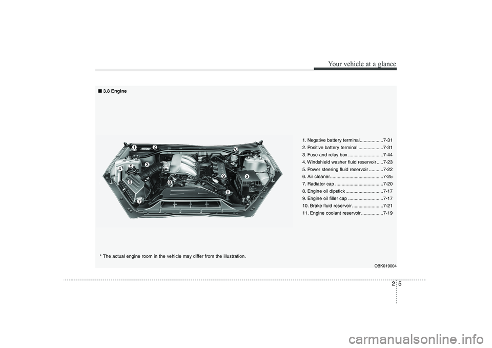 HYUNDAI GENESIS G80 2010 Owners Manual 25
Your vehicle at a glance
1. Negative battery terminal..................7-31
2. Positive battery terminal ...................7-31
3. Fuse and relay box ...........................7-44
4. Windshield HYUNDAI GENESIS G80 2010 Owners Manual 25
Your vehicle at a glance
1. Negative battery terminal..................7-31
2. Positive battery terminal ...................7-31
3. Fuse and relay box ...........................7-44
4. Windshield