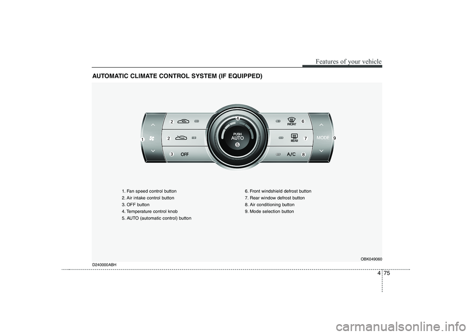 HYUNDAI GENESIS G80 2008  Owners Manual 475
Features of your vehicle
AUTOMATIC CLIMATE CONTROL SYSTEM (IF EQUIPPED)
1. Fan speed control button 
2. Air intake control button
3. OFF button
4. Temperature control knob
5. AUTO (automatic contr