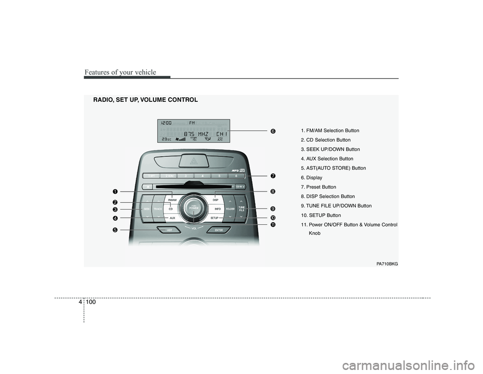 HYUNDAI GENESIS G80 2008  Owners Manual Features of your vehicle
100
4
1. FM/AM Selection Button 
2. CD Selection Button
3. SEEK UP/DOWN Button
4. AUX Selection Button
5. AST(AUTO STORE) Button
6. Display
7. Preset Button
8. DISP Selection 