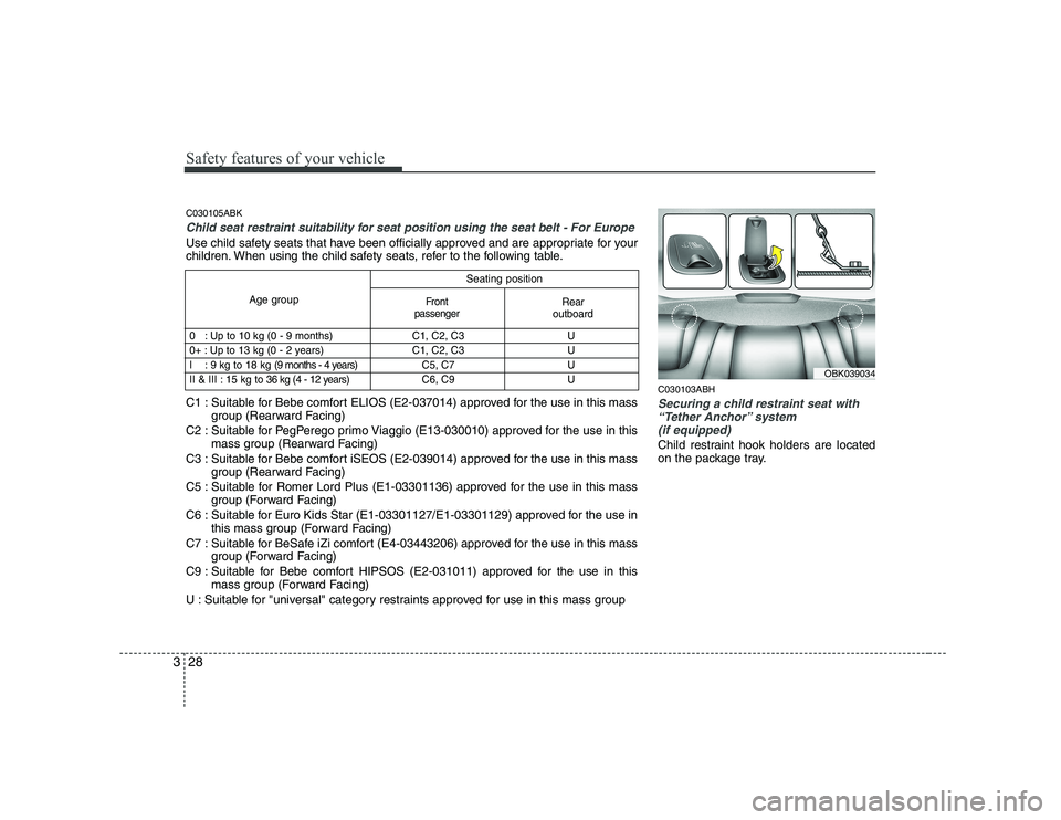 HYUNDAI GENESIS G80 2008 Owners Guide Safety features of your vehicle
28
3
C030103ABH
Securing a child restraint seat with
“Tether Anchor” system (if equipped) 
Child restraint hook holders are located 
on the package tray.
Seating po