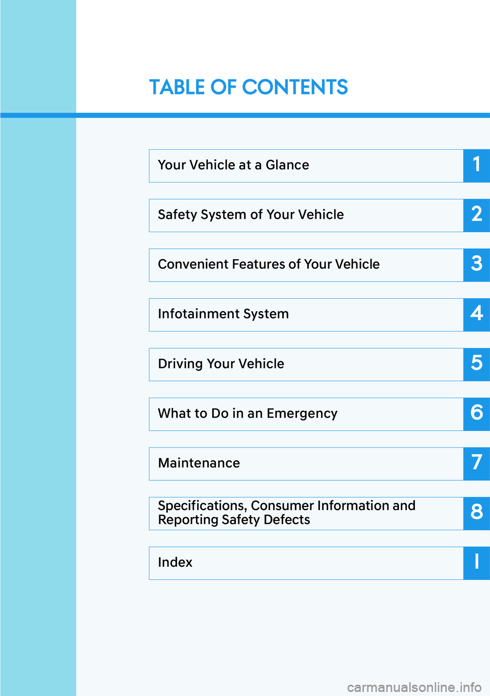 HYUNDAI GENESIS G90 2021  Owners Manual Your Vehicle at a Glance
Safety System of Your Vehicle
Convenient Features of Your Vehicle
Infotainment System
Driving Your Vehicle
What to Do in an Emergency
Maintenance
Specifications, Consumer Info